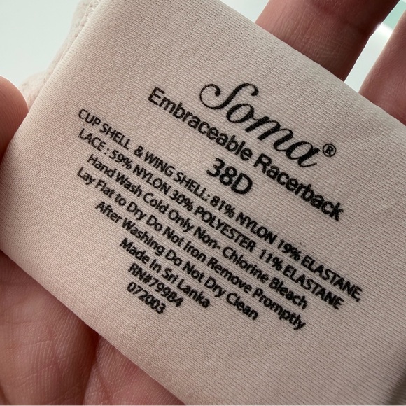 Soma Embraceable Racerback Perfect Coverage Lace Back Cream Beige Color 38D - Picture 4 of 4